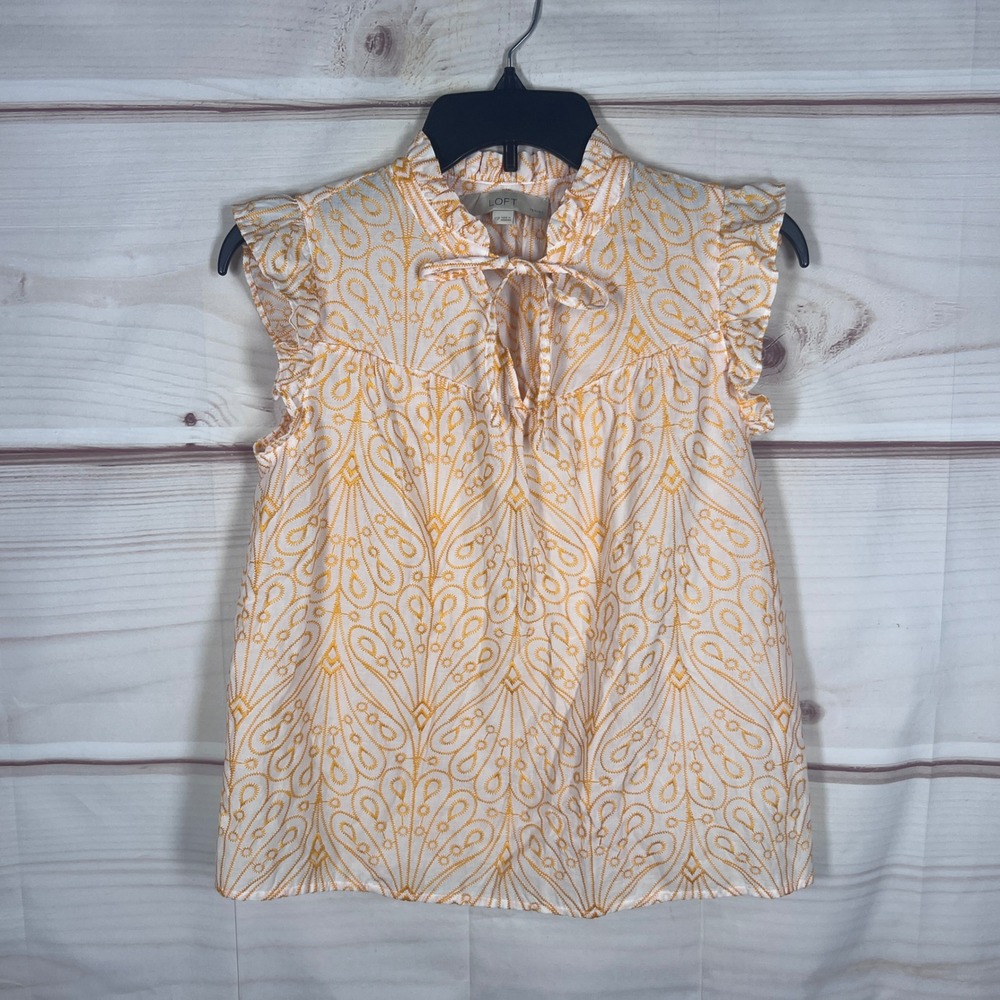 LOFT Top Womens PXS Orange Embroidered Ruffle Sleeve Tie Neck Boho Blouse Cotton